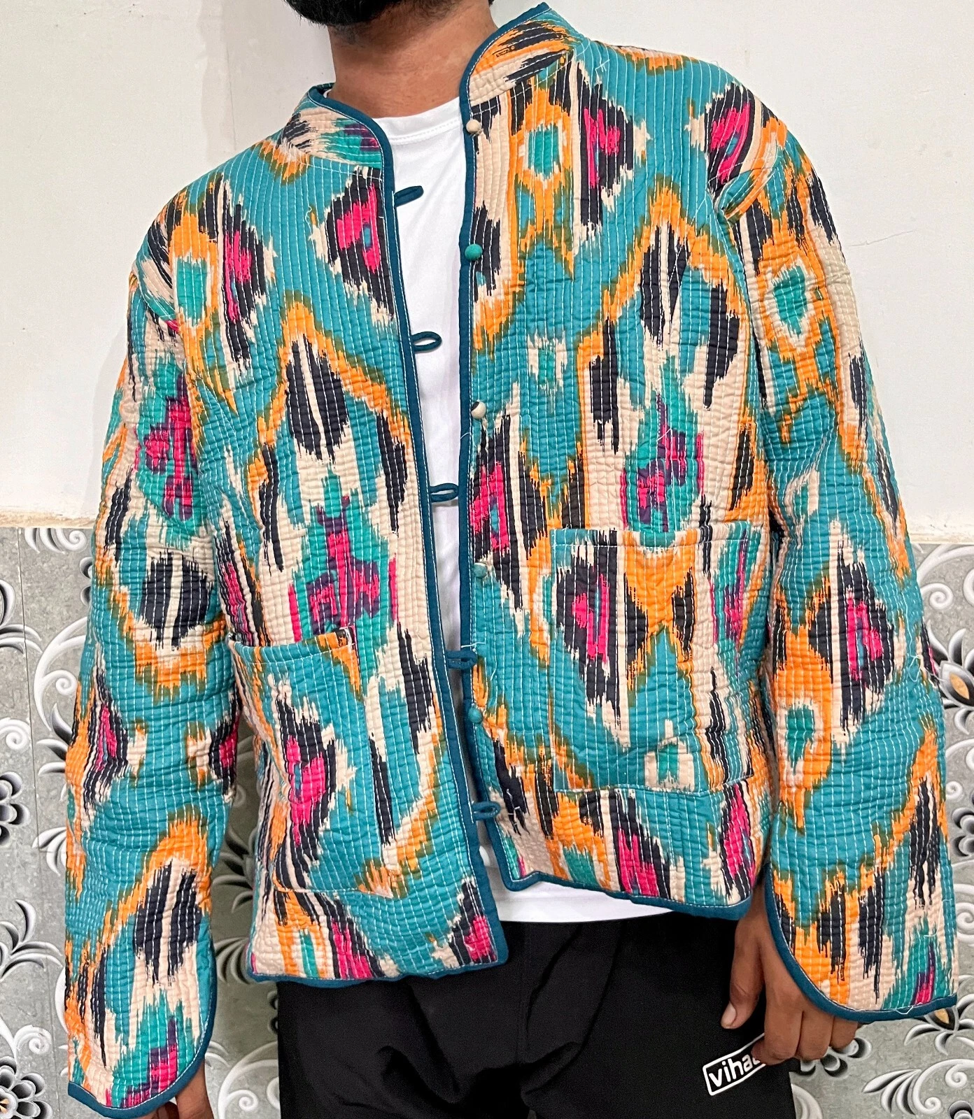 Indian Green Ikat Cotton Quilted Jacket Unisex Jacket Women's Clothing Jacket US