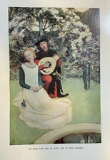 1904 Vintage Magazine Illustration Medieval Man and Woman in Forest Howard Pyle
