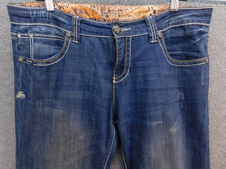 Pantalones de mezclilla para mujer Adiktd corte bota tiro medio embellecidos elásticos azules 12 largos 32x33 Foto 2 de 4