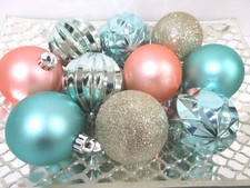 10 Christmas Coastal Beach Nautical Peach Aqua Glitter Ball Ornaments Decor 2.5"
