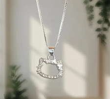 New Hello Kitty Silver Pave Cubic Zirconia Pendant Necklace Cat Kitten