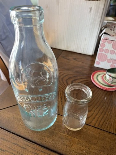 VINTAGE MILK BOTTLE  Absolutely Pure Milk Bottle Cow Design With 1/2 Cup Glass