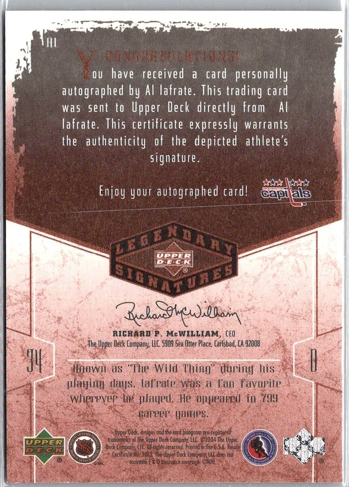 2004-05 UD Upper Deck Legendary Signatures Al Iafrate Auto #AI - Image 2 of 2