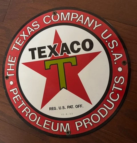 VINTAGE 1933 DATED TEXACO GASOLINE PORCELAIN SIGN GAS STATION PUMP MOTOR OIL