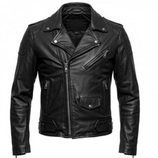 Men's Motorcycle Leather jacket Genuine Buffalo Skin Brando Style Black Biker
