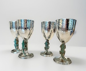 Emilia Castillo Lizard Goblets Set of 4 Hammered Silver Plate Taxco Rare 6.5”
