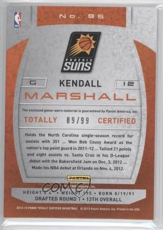 2013-14 Totally Certified Memorabilia Totally Red /99 Kendall Marshall #95 - Image 2 of 2