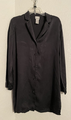 Vtg Spiegel Intimate Silk night shirt MEDIUM black button front Women's