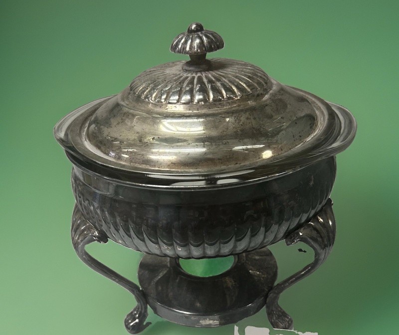 Silversmiths Vintage Silverplate Pyrex Chafing Dish w/ Lidded Serving Bowl