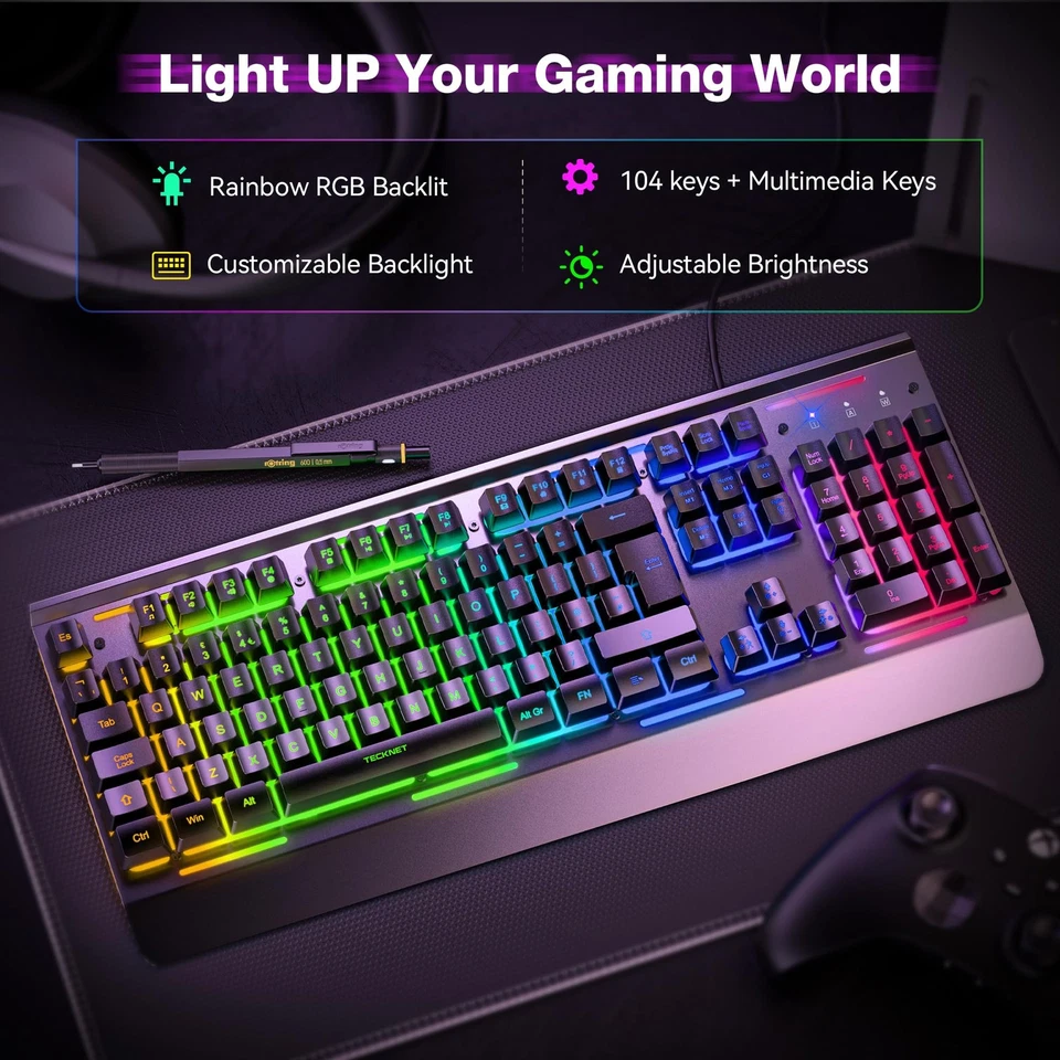 TECKNET RGB Gaming Keyboard UK Layout, USB Wired Computer Keyboard with 15-Zone - Image 2 of 4