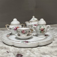 Vintage Miniature Porcelain Dollhouse 8 pc Tea Set Floral  Gold Trim - Japan