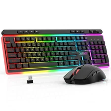 Wireless Keyboard and Mouse Combo, Gaming Keyboard Rechargeable Cool RGB Back...