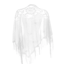 White Lace Shawls Wraps Triangle Scarf with Fringe, Mesh Fringe Shaw for 