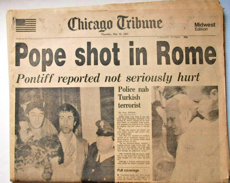 Original Newspaper May 14, 1981 Chicago Tribune “Pope Shot in Rome”