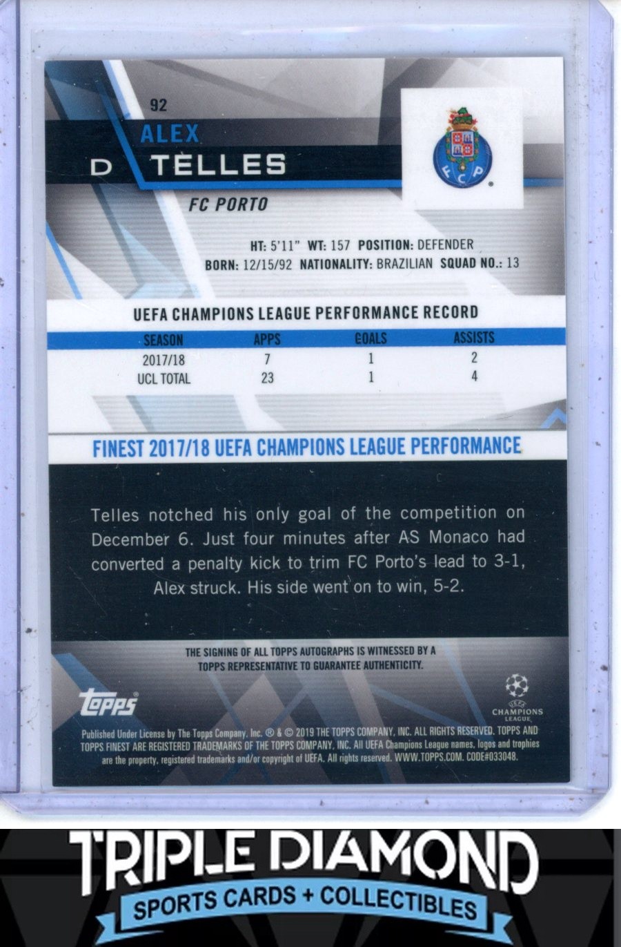2018-19 Topps Finest UCL Alex Telles Autograph Auto Gold Refractor #06/50 AF394 view 2