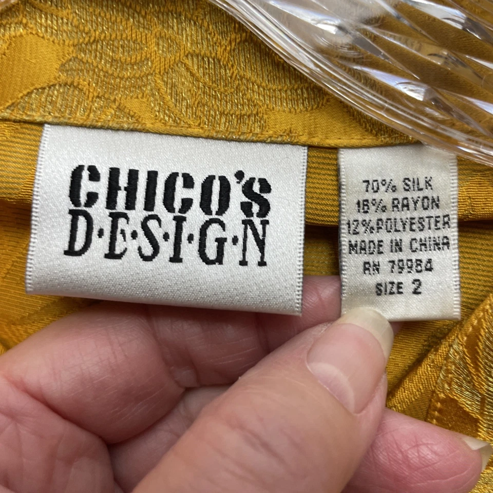 Chicos Silk Blend Jacket Womens 2/M Saffron Gold Floral Brocade Button Up Artsy - Image 4 of 4