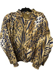 Vtg FUDA International L-XL 100 Silk Brown Animal Print Bomber Jacket