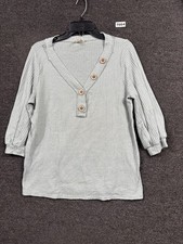BiBi Waffle Knit Sweater Womens Sz M Light Gray V-Neck 3/4 Sleeve Button Detail