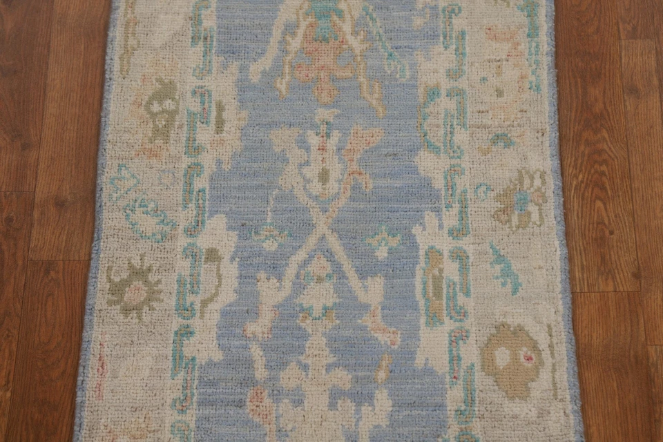 Hand-Knotted Unique Oushak Turkish Rug 2x4 Ft Blue Wool Carpet Transitional Rug - Image 4 of 4