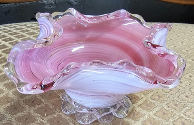 VTG Murano Art Glass Candy Dish Pink Swirl Genuine Venetian Glass TAG Raised