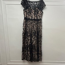 XSCAPE 14W Black Beige Floral Embroidered Mesh Midi Dress Scoop Neck Cap Sleeve