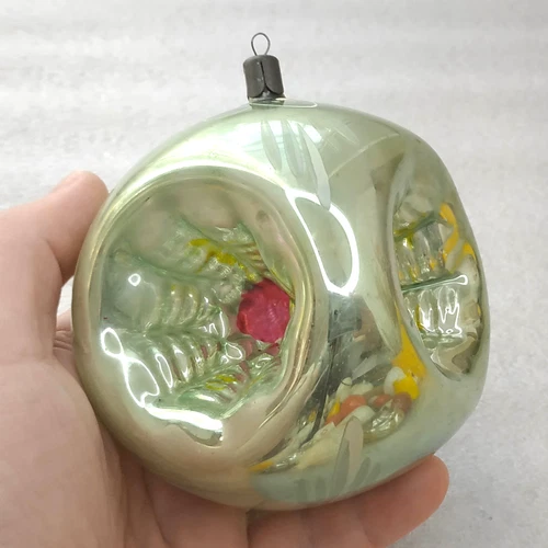 Large Vintage USSR Glass Christmas Ornament REFLECTOR Spotlight Green Silver 4"