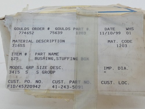 Goulds Pumps Stuffing Box Bushing 316SS Group S Stainless Steel - NEW Surplus! - Picture 2 of 6