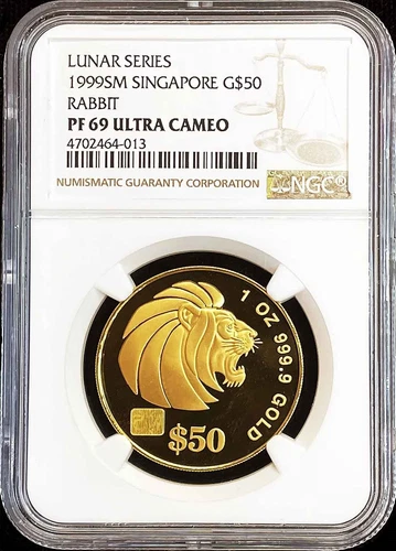 1999 GOLD SINGAPORE 500 MINTED LUNAR YEAR OF RABBIT 1 OZ $50 LION NGC PF 69 UC