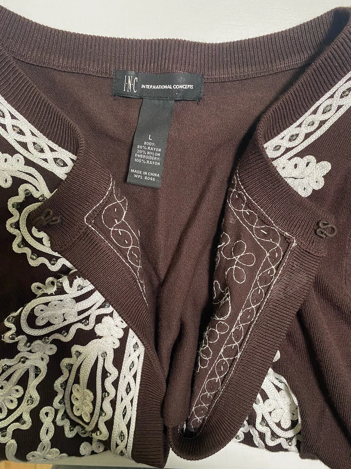 Bolero Boho Abierto De Colección Y2K Inc Encogido de hombros Bordado Marrón L Grande Blanco Con Cuentas Años 90 Foto 3 de 4