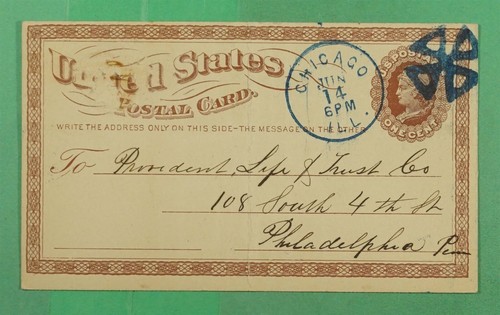 DR WHO 1870S POSTAL CARD CHICAGO IL FANCY CANCEL BLUE TO PA m15510