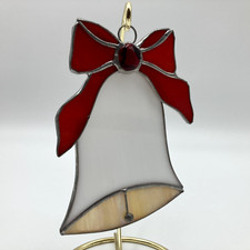 Vtg Stained Glass Christmas Bell w/ Red Bow Suncatcher Ornament
