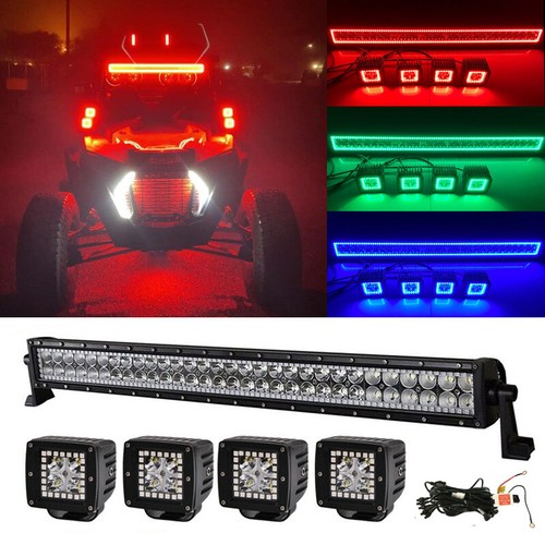 32'' RGB Led Light Bar + 4Pods 3'' Work Lights 5PCS Kit For Offroad RZR ATV UTV - Picture 2 of 12