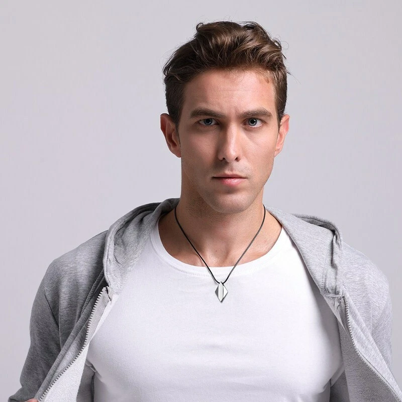 简单钨钢男式皮革钻石光滑编织绳男士项链 — 第 3/4 张图片