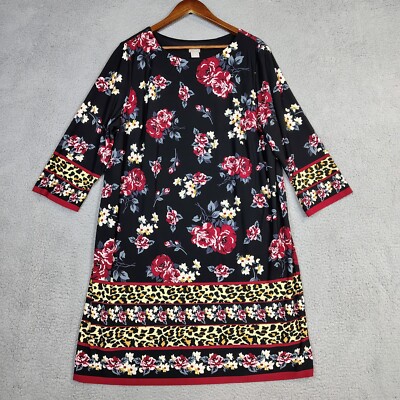 Chico's Dress Women 4( 20/22) Black Floral Animal Print 3/4 Sleeve Modest Preppy