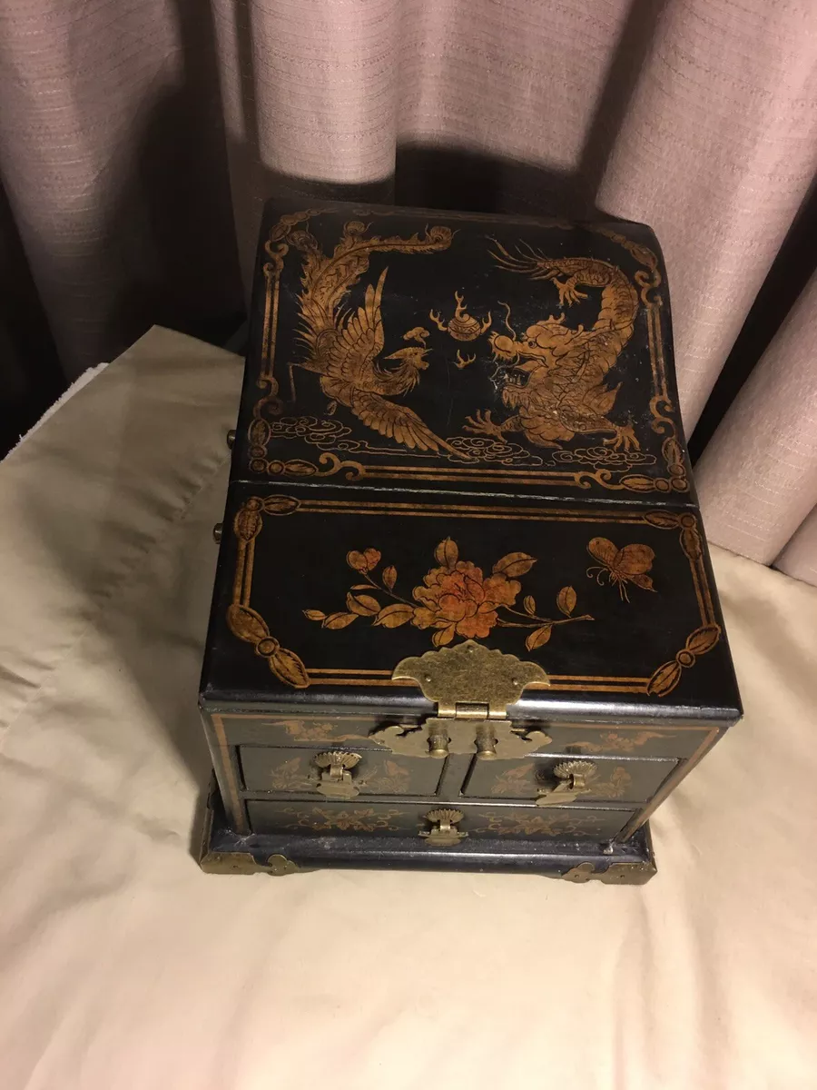 Antique/Vintage Black With Gold Images Chinese Jewelry Box With Mirror