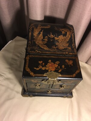 Antique/Vintage Black With Gold Images Chinese Jewelry Box