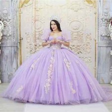 Lavender Quinceanera Dresses Short Puff Sleeve Applique Birthday Party Ball Gown
