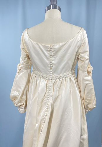 Vintage Wedding Dress SIZE SMALL ivory long sleeve 60s retro empire waist satin - Picture 11 of 24