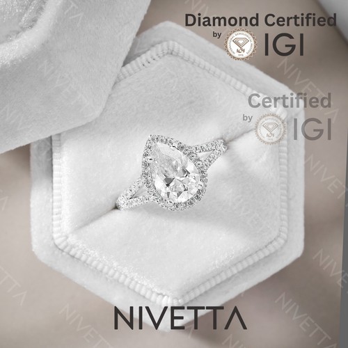 2.9 ct Lab Grown Pear Cut Halo Split Shank Diamond Engagement Ring VS1 D Pave