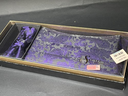 Set cravatta e fascia con fiocco Santana vintage in scatola - paisley viola e nero