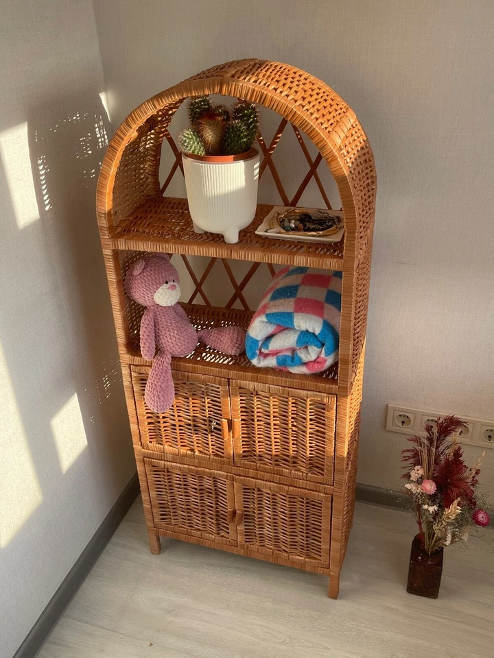 NEW arched cabinet with doors wicker book shelf ecofriendly boho furniture - Image 2 of 4