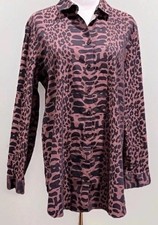 Chico's Women's Extra Long Brown Leopard Button Up Stretch Tunic Top 2/L NWOT