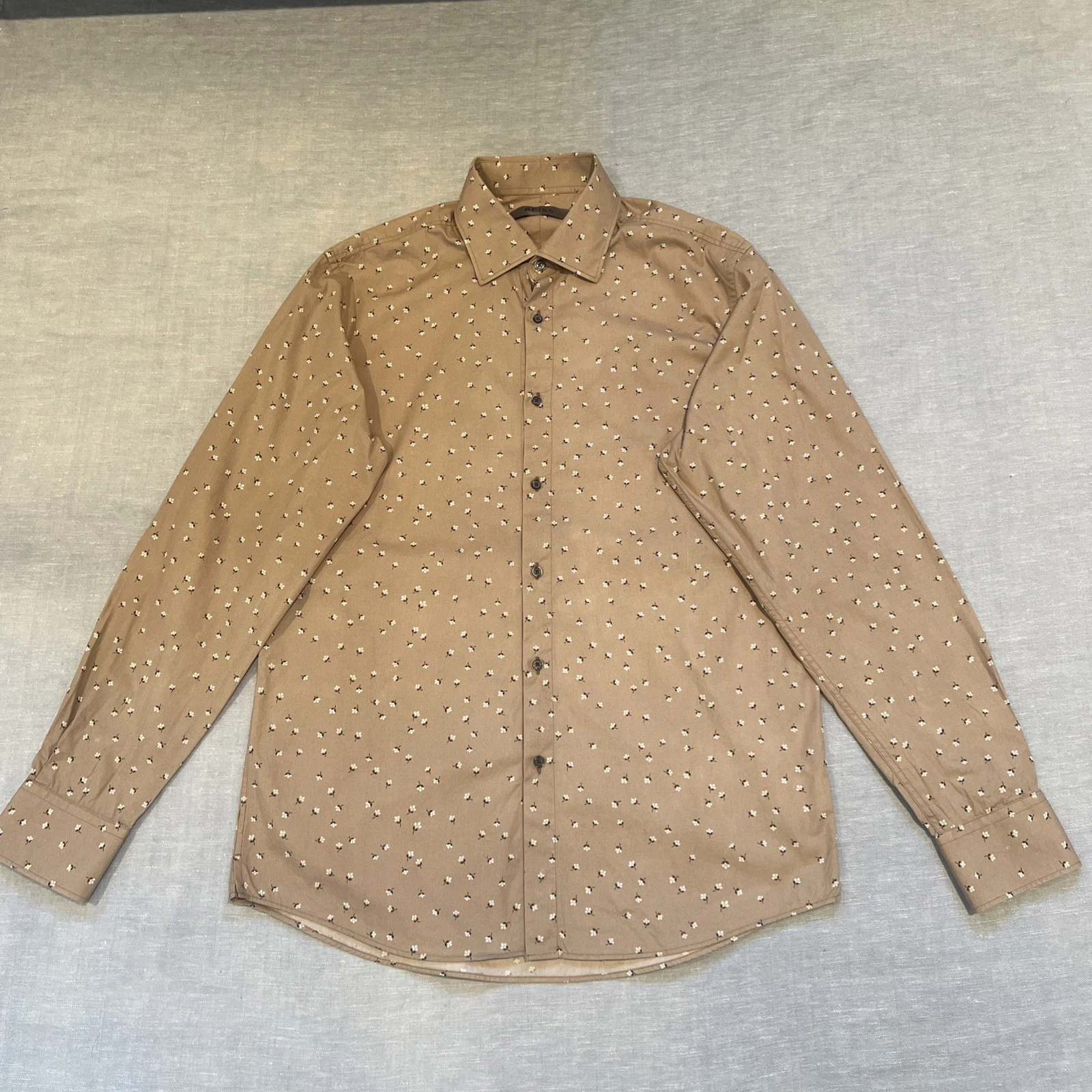 Reiss Long Sleeve Shirt Men's Medium Beige Floral Pattern Button-Up