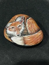 2001 Hand Painted Red Fox on Round River Rock Stone Signed Stoned Sweeties 3.5”