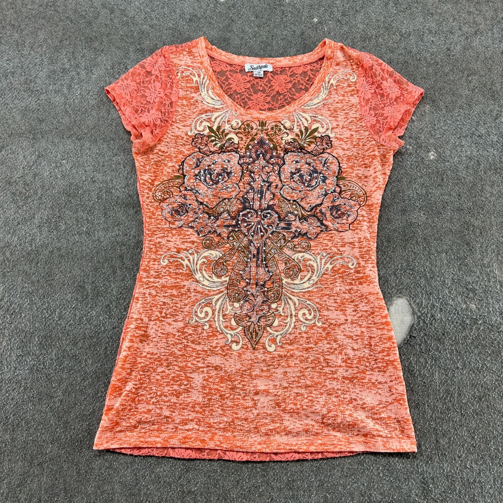 VINTAGE Southpole Shirt Womens M Orange Lace Trim Rhinestone Floral Bling Y2K