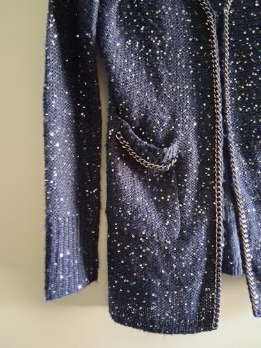 Cardigan donna Sioni maglia maglione XS blu navy tasche paillettes catena accento - Foto 3 di 7