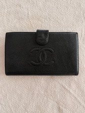 CHANEL Black Long Folding Wallet w/ Logo Snap Closure  Card Slots caviar