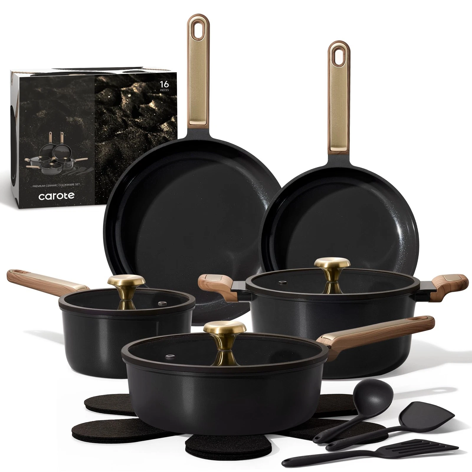 CAROTE Ceramic Cookware Set Nonstick, 16pcs Pots and 16 Piece, Charcoal Black