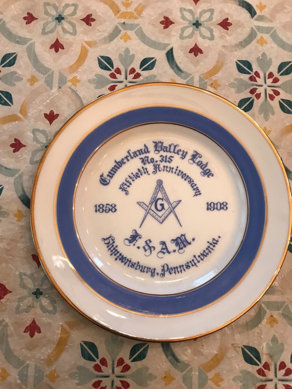 1908 PLATE 50TH ANNIVERSARY CUMBERLAND VALLEY LODGE .3I5 F.A.M. SHIPPENSBURG PA.