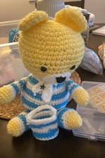 Handmade Crochet Yellow Bear Medium Stuffed Animal Blue White Striped Outfit